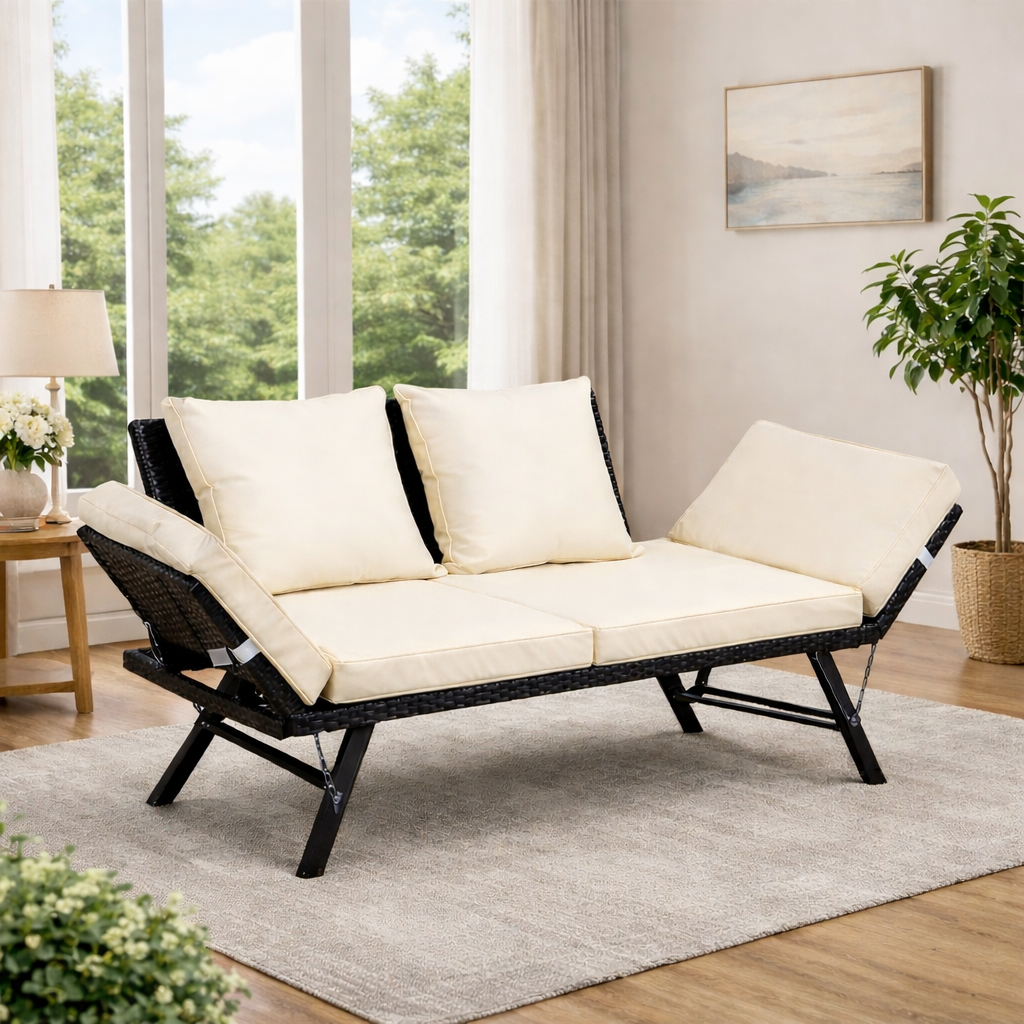 Hengda Gartenbank Polyrattan mit Liegefunktion, Outdoor Sofa Verstellbaren Armlehnen