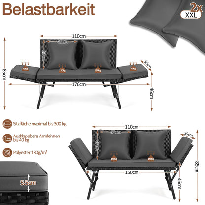 Hengda Gartenbank Polyrattan mit Liegefunktion, Outdoor Sofa Verstellbaren Armlehnen