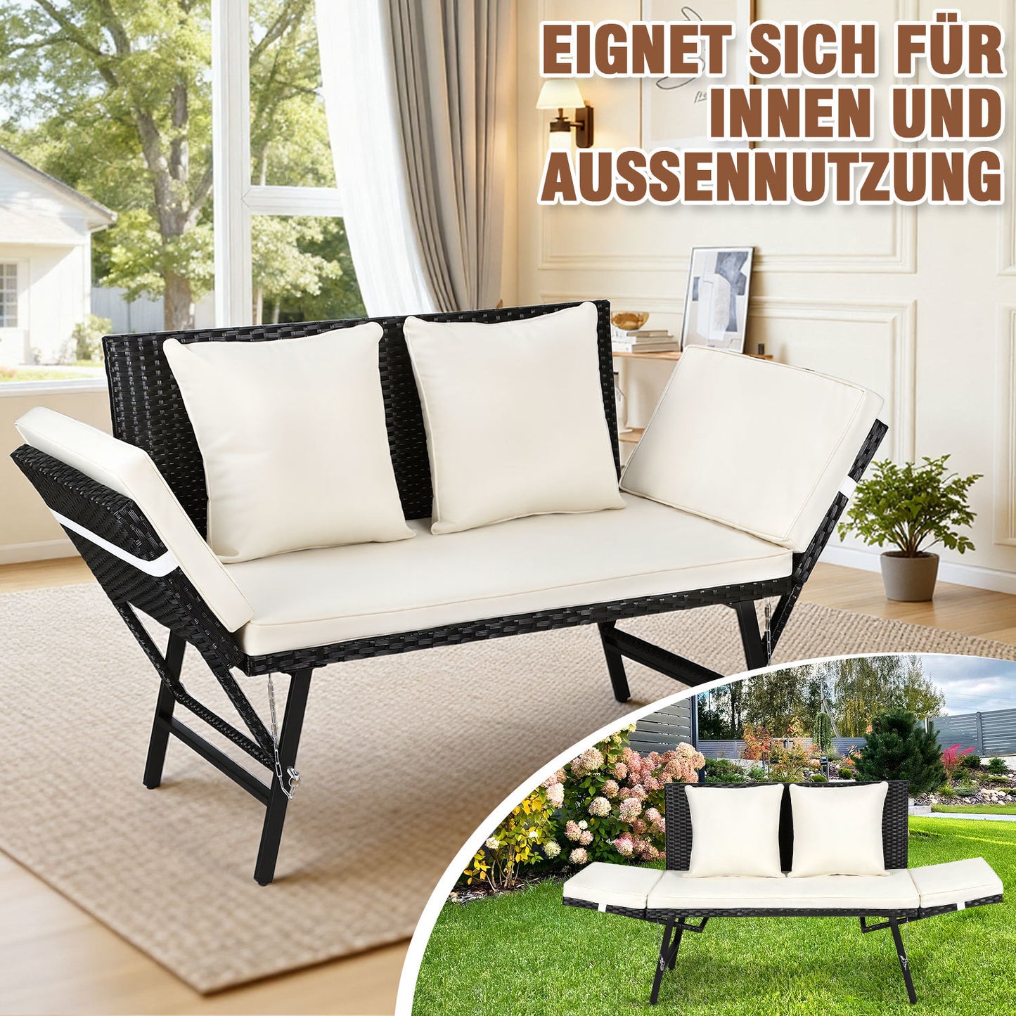 Hengda Gartenbank Polyrattan mit Liegefunktion, Outdoor Sofa Verstellbaren Armlehnen