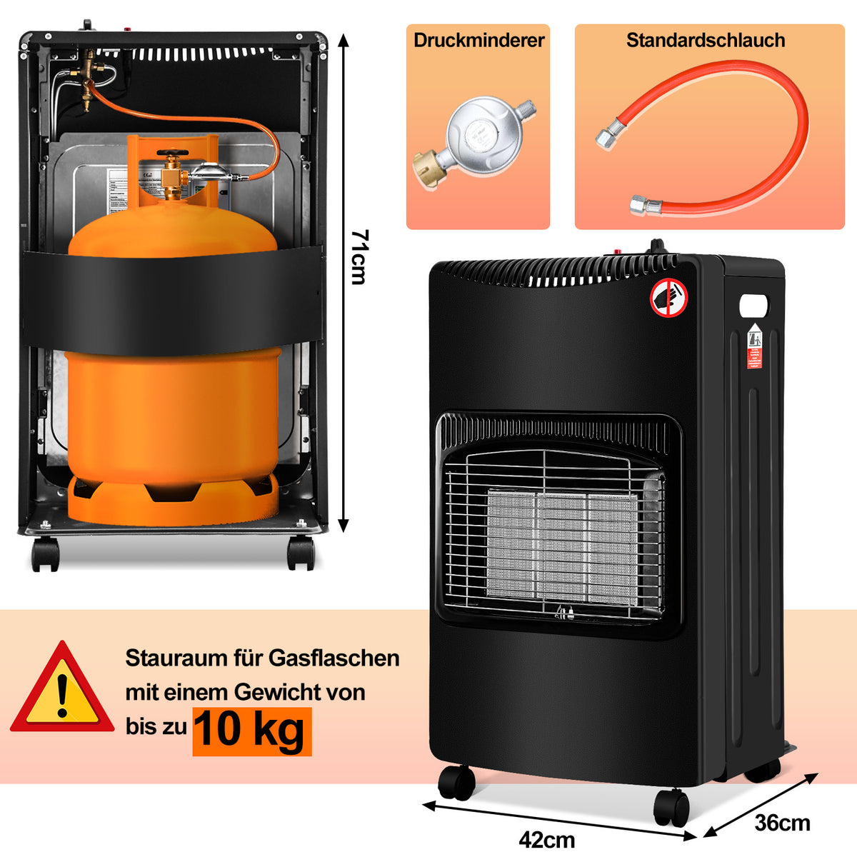 Hengda Gasheizer Keramik 4200 W inkl. Gasdruckregler Gasschlauch