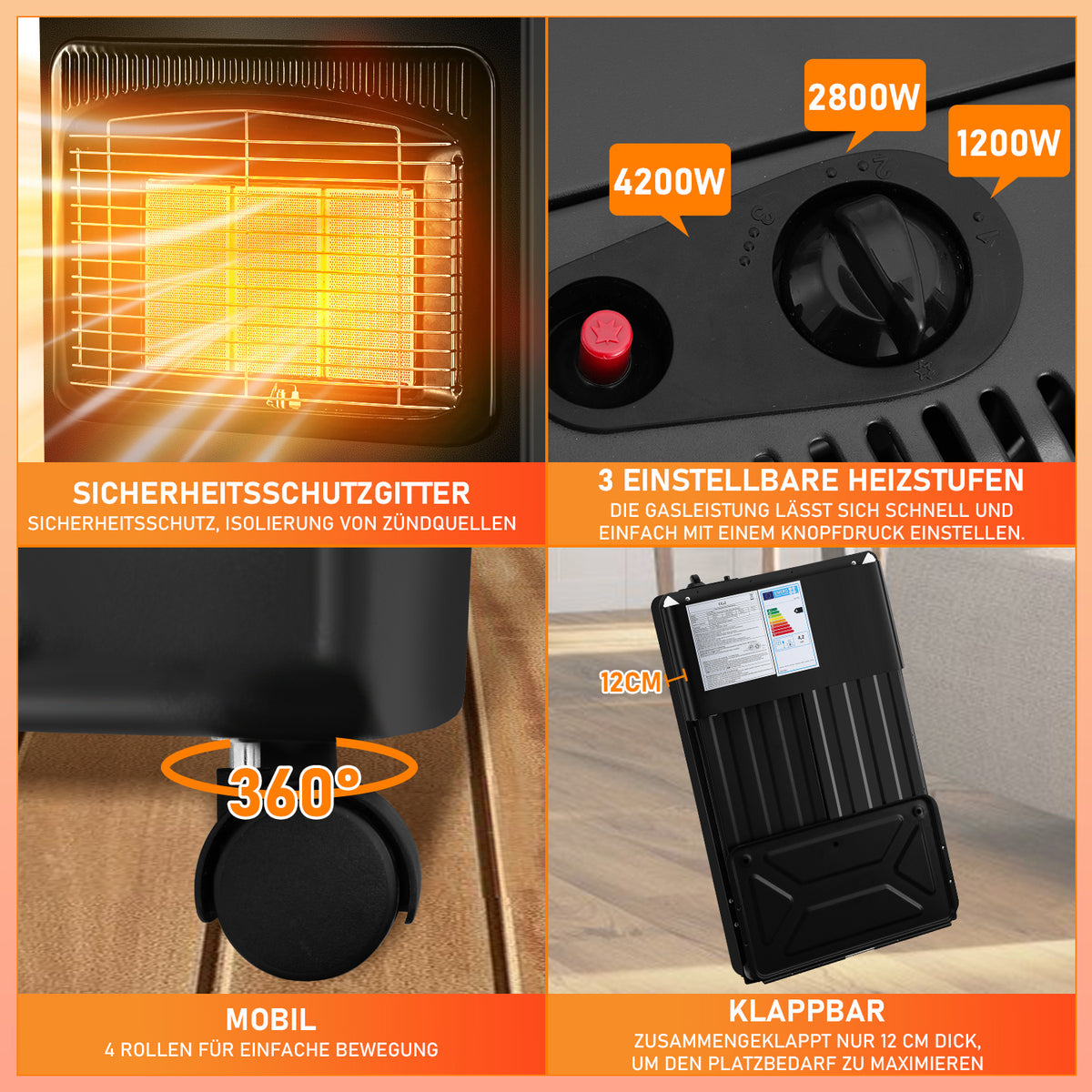 Hengda Gasheizer Keramik 4200 W inkl. Gasdruckregler Gasschlauch