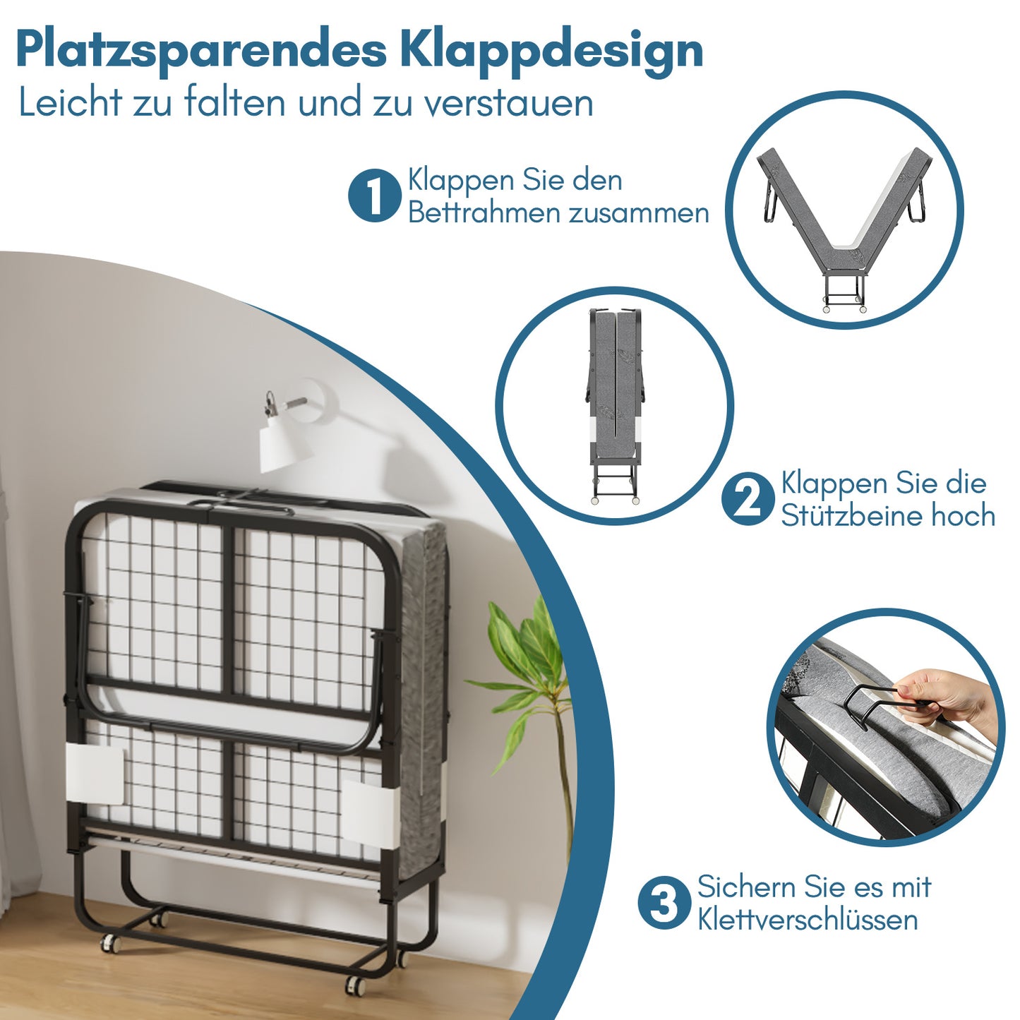 Hengda Klappbett 90x200cm, Gästebett Klappbarer mit Matratze 13cm Dicker, Faltbare Metallbett Mit 4 Rollen, bis 150 kg
