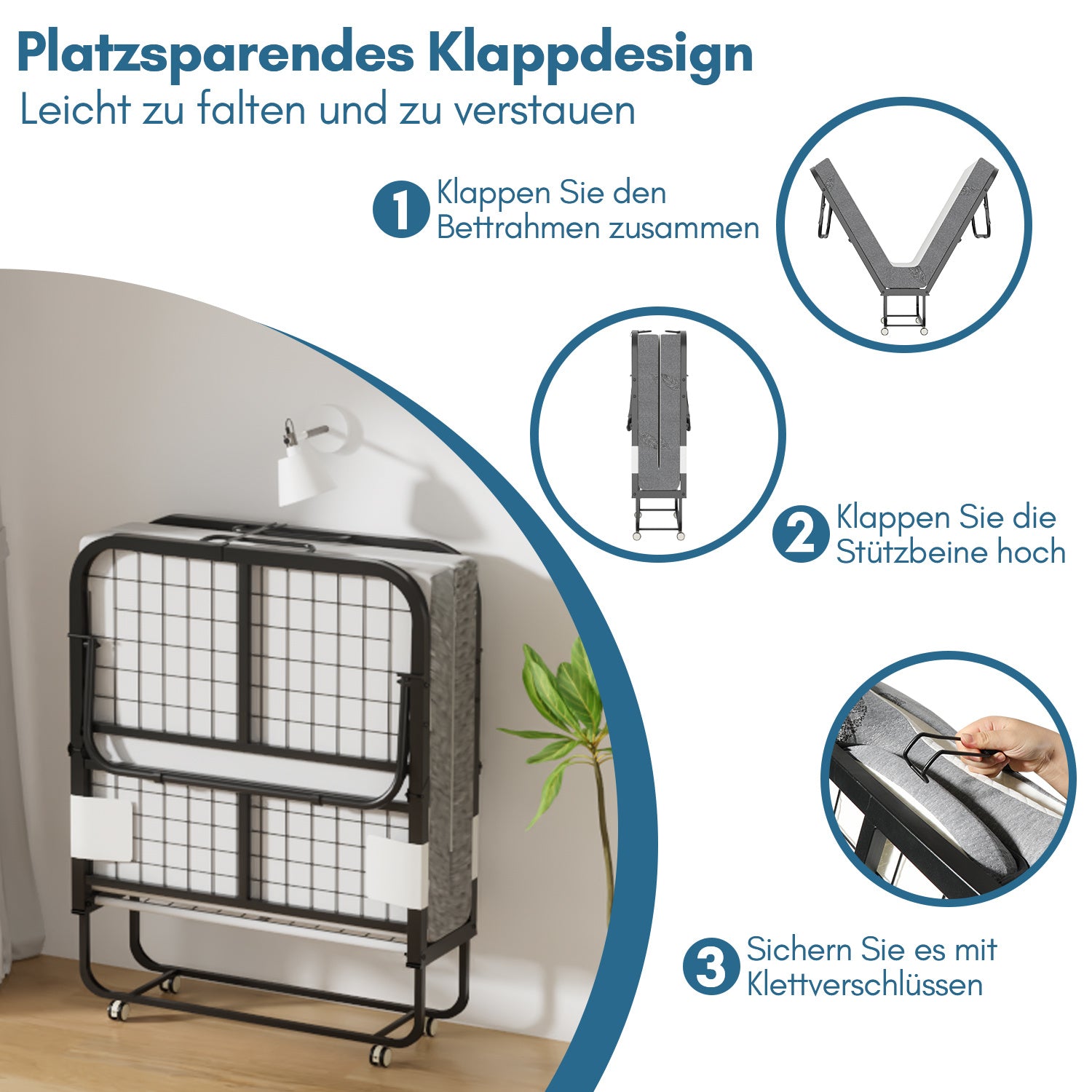 Hengda Klappbett 90x200cm, Gästebett Klappbarer mit Matratze 13cm Dicker, Faltbare Metallbett Mit 4 Rollen, bis 150 kg