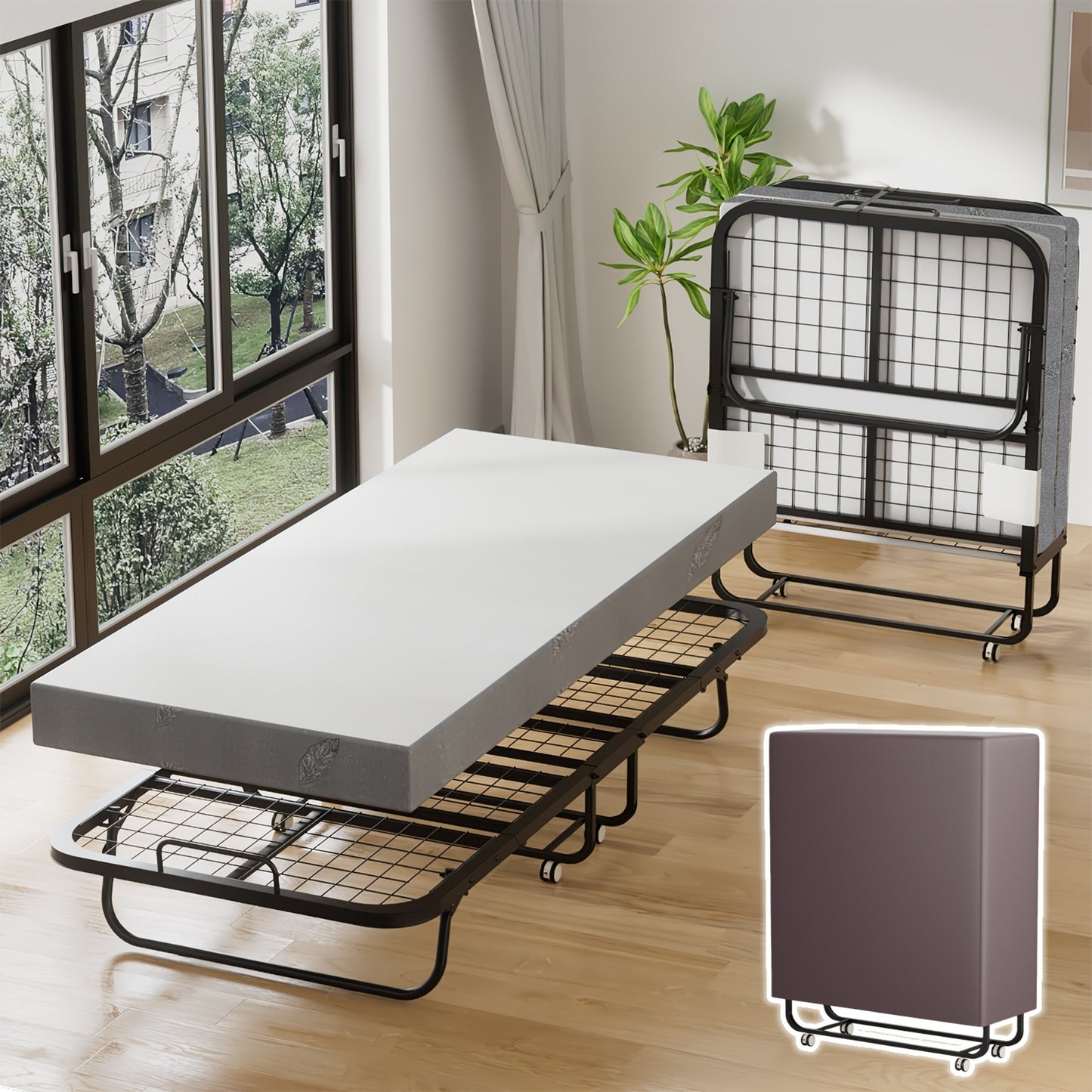 Hengda Klappbett 90x200cm, Gästebett Klappbarer mit Matratze 13cm Dicker, Faltbare Metallbett Mit 4 Rollen, bis 150 kg