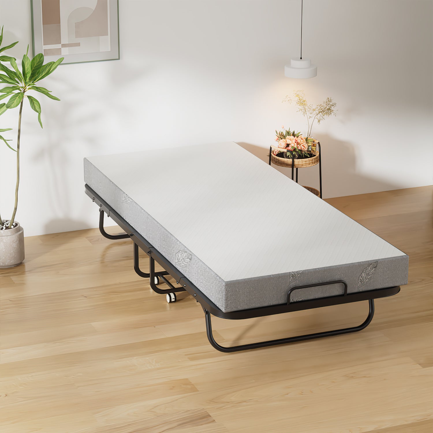 Hengda Klappbett 90x200cm, Gästebett Klappbarer mit Matratze 13cm Dicker, Faltbare Metallbett Mit 4 Rollen, bis 150 kg