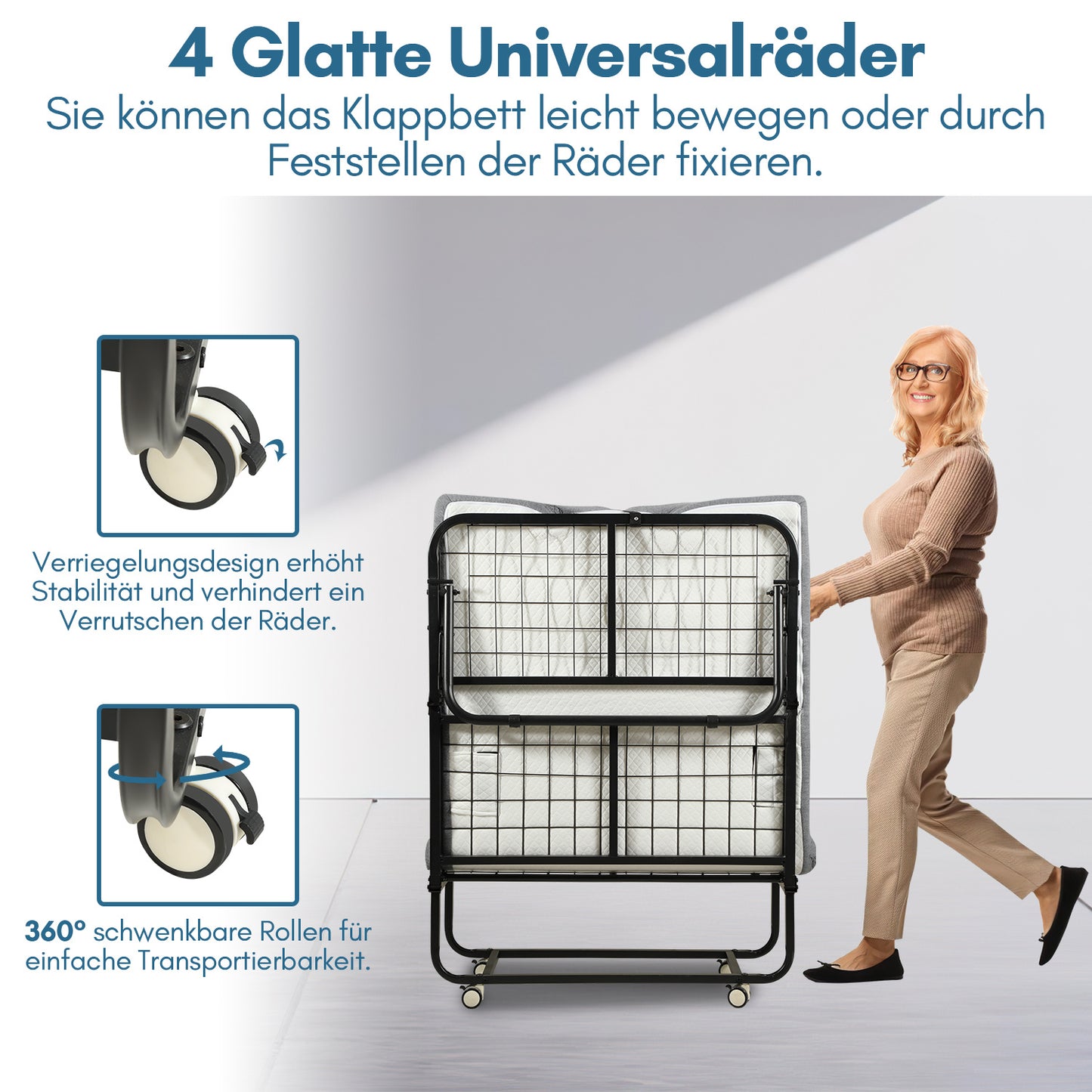 Hengda Klappbett 90x200cm, Gästebett Klappbarer mit Matratze 13cm Dicker, Faltbare Metallbett Mit 4 Rollen, bis 150 kg