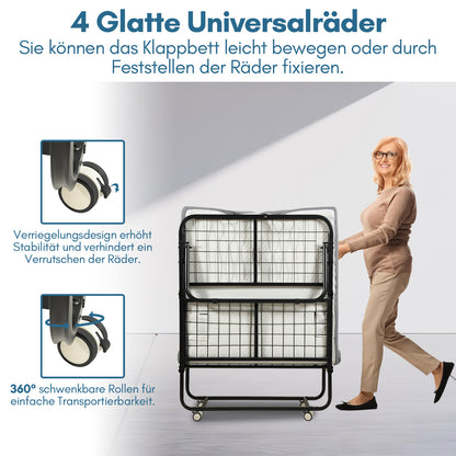 Hengda Klappbett 90x200cm, Gästebett Klappbarer mit Matratze 13cm Dicker, Faltbare Metallbett Mit 4 Rollen, bis 150 kg