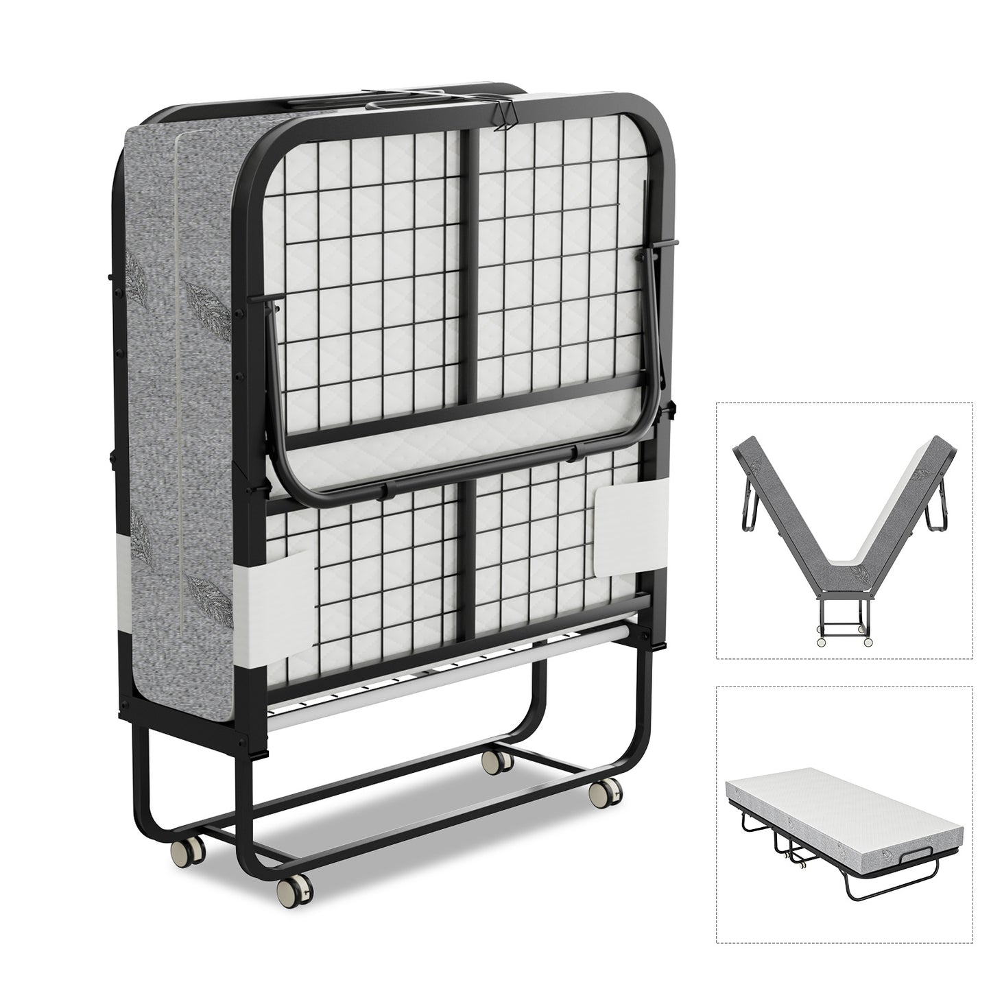 Hengda Klappbett 90x200cm, Gästebett Klappbarer mit Matratze 13cm Dicker, Faltbare Metallbett Mit 4 Rollen, bis 150 kg