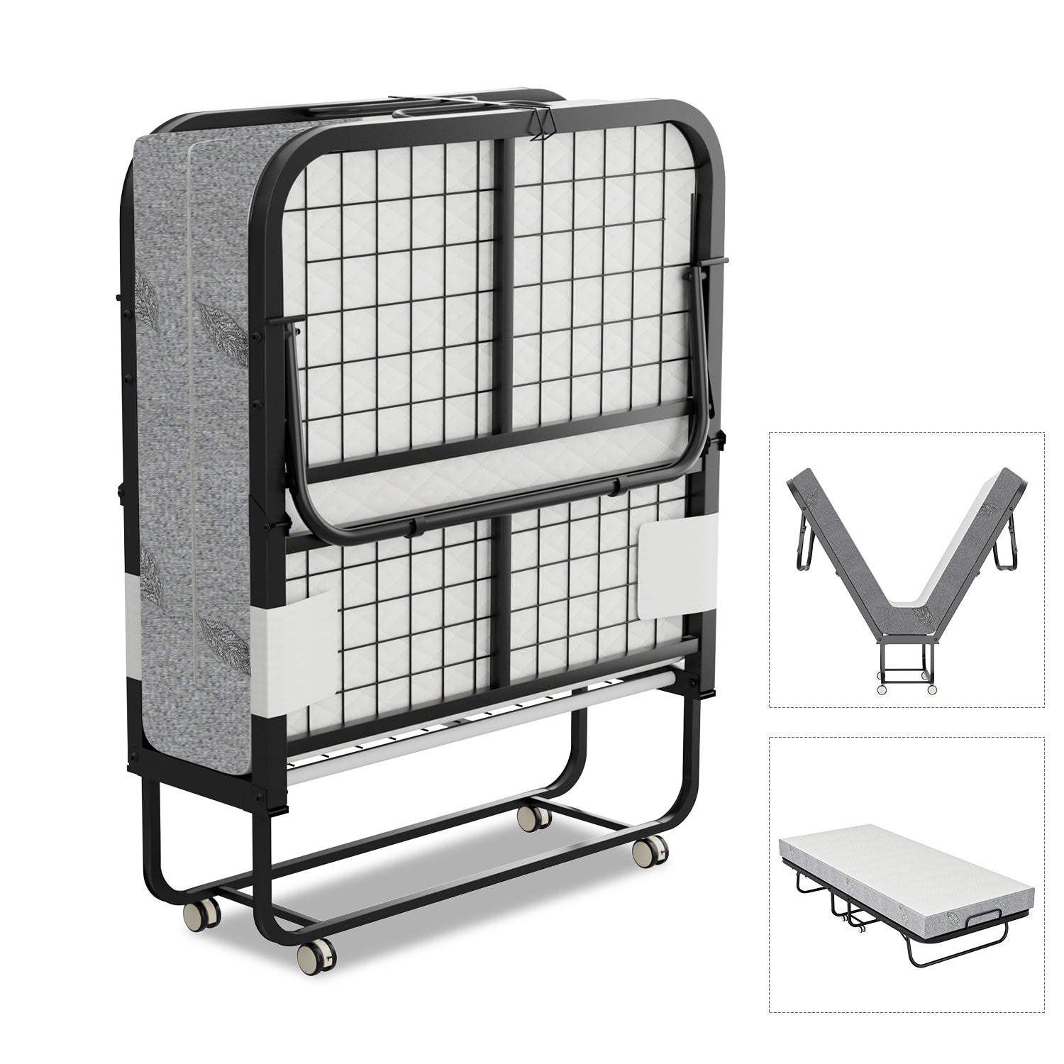 Hengda Klappbett 90x200cm, Gästebett Klappbarer mit Matratze 13cm Dicker, Faltbare Metallbett Mit 4 Rollen, bis 150 kg