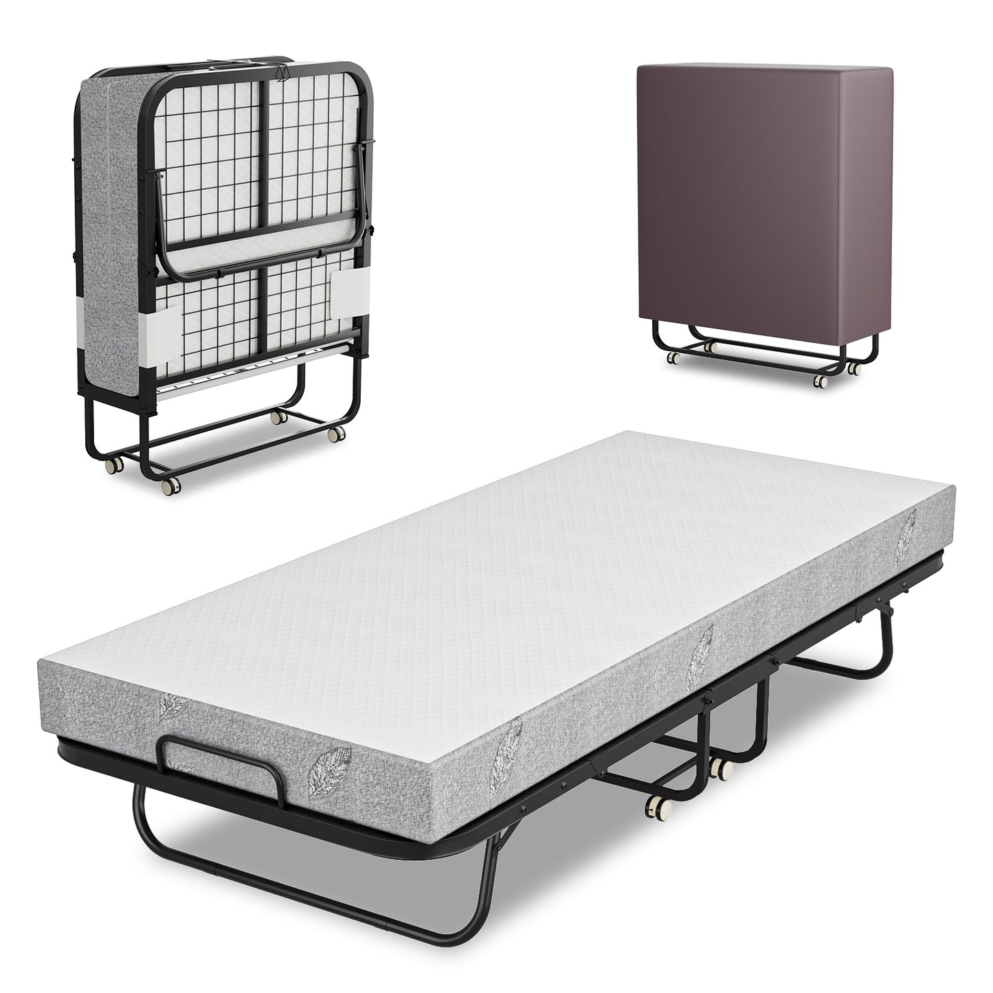 Hengda Klappbett 90x200cm, Gästebett Klappbarer mit Matratze 13cm Dicker, Faltbare Metallbett Mit 4 Rollen, bis 150 kg