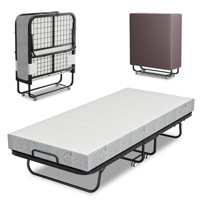 Hengda Klappbett 90x200cm, Gästebett Klappbarer mit Matratze 13cm Dicker, Faltbare Metallbett Mit 4 Rollen, bis 150 kg
