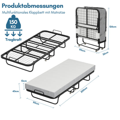 Hengda Klappbett 90x200cm, Gästebett Klappbarer mit Matratze 13cm Dicker, Faltbare Metallbett Mit 4 Rollen, bis 150 kg