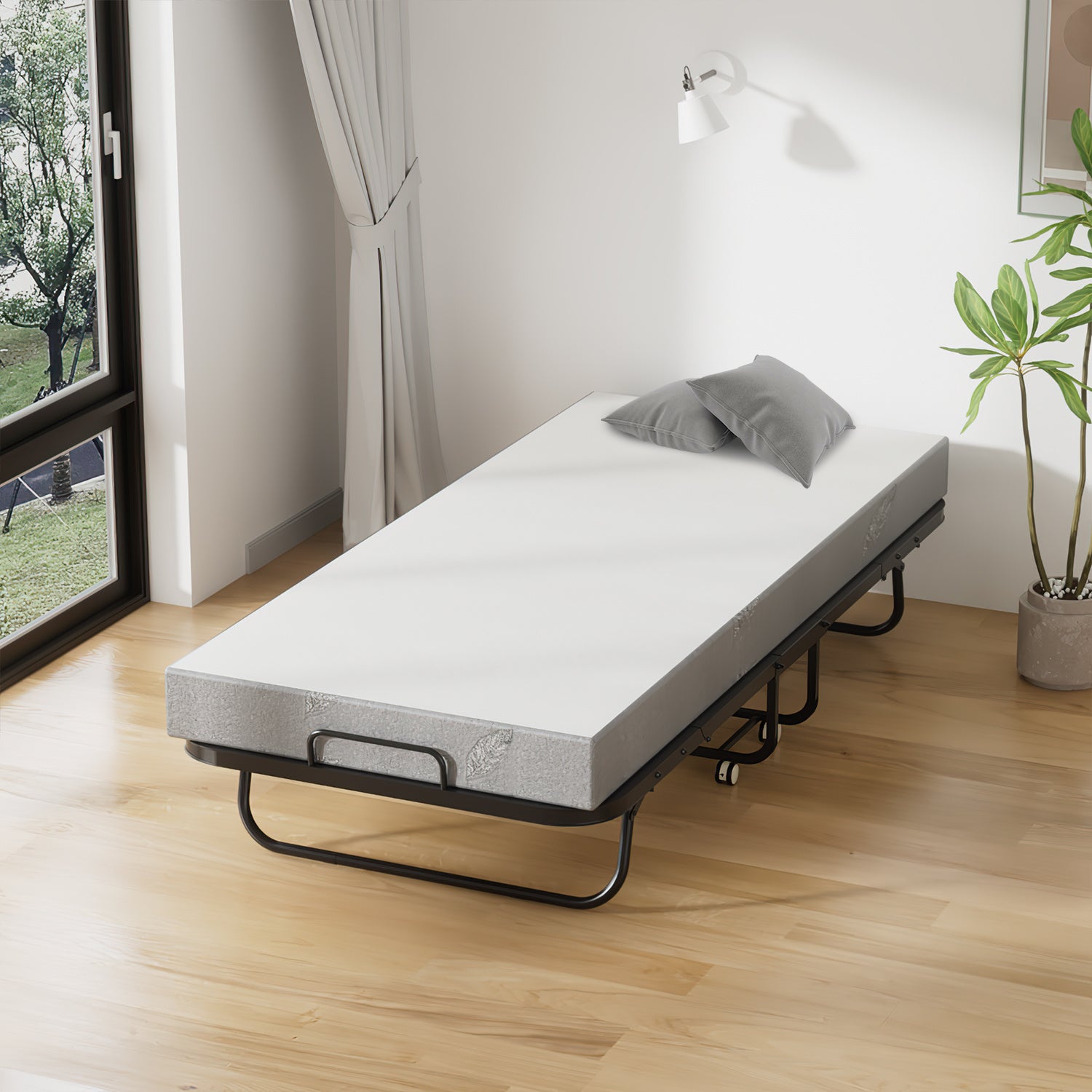 Hengda Klappbett 90x200cm, Gästebett Klappbarer mit Matratze 13cm Dicker, Faltbare Metallbett Mit 4 Rollen, bis 150 kg
