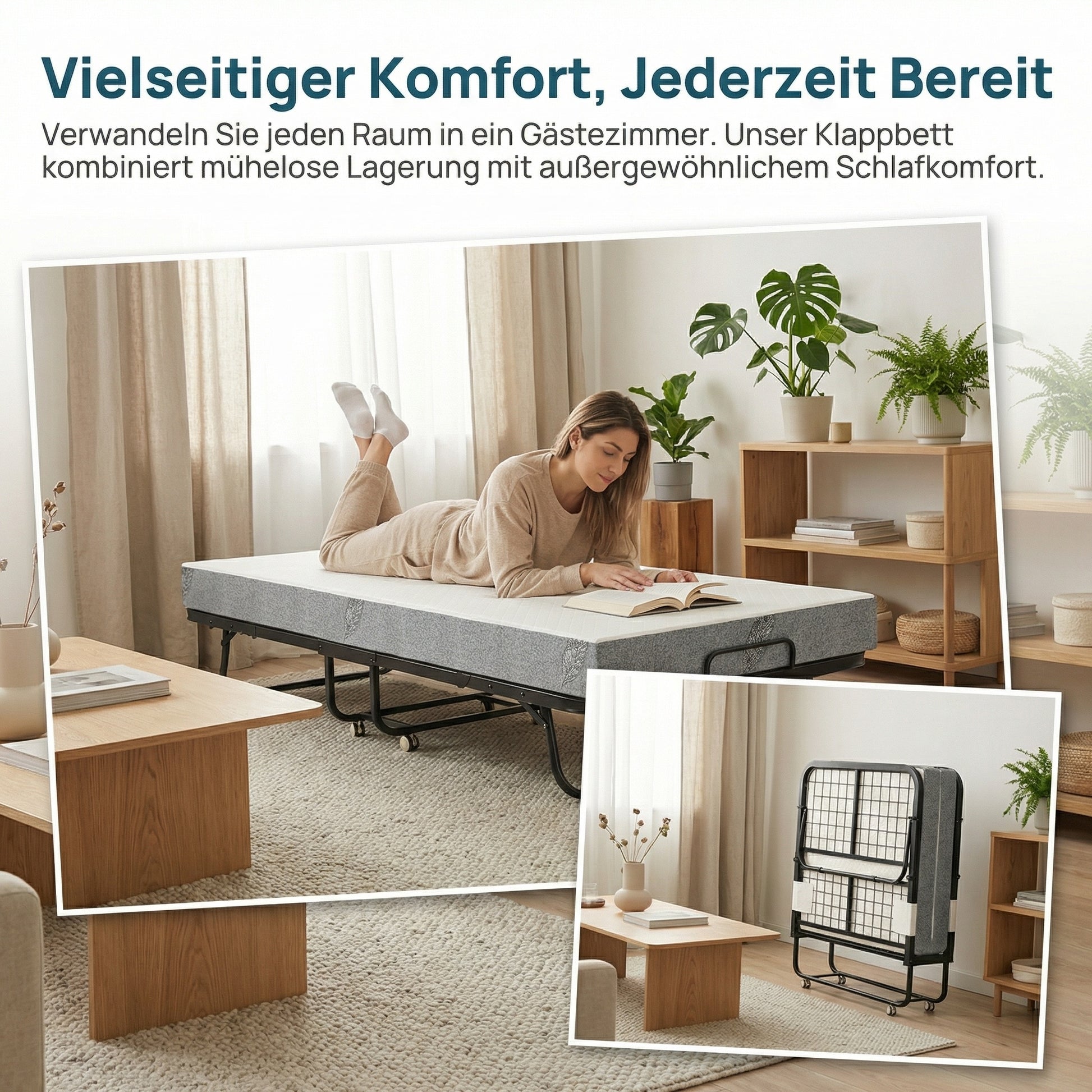 Hengda Klappbett 90x200cm, Gästebett Klappbarer mit Matratze 13cm Dicker, Faltbare Metallbett Mit 4 Rollen, bis 150 kg