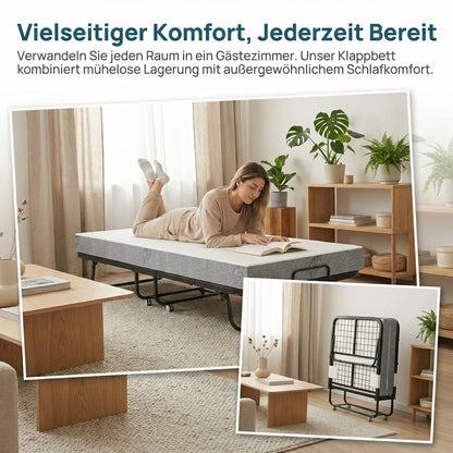 Hengda Klappbett 90x200cm, Gästebett Klappbarer mit Matratze 13cm Dicker, Faltbare Metallbett Mit 4 Rollen, bis 150 kg