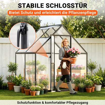Hengda Gewächshaus Aluminium, mit Bodenrahmen & Dachfenster, 4 mm Polycarbonat-Hohlkammerplatten