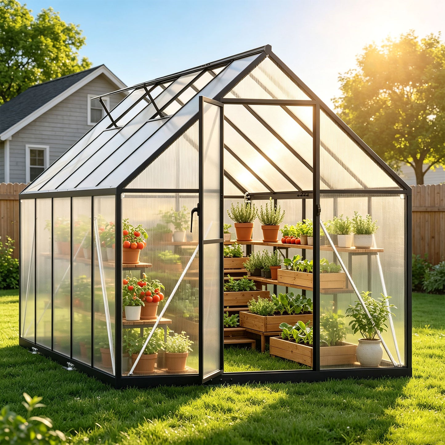 Hengda Gewächshaus Aluminium, mit Bodenrahmen & Dachfenster, 4 mm Polycarbonat-Hohlkammerplatten
