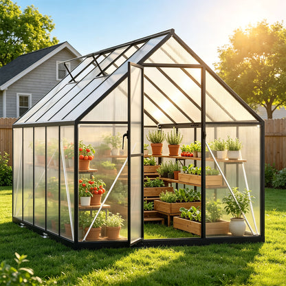 Hengda Gewächshaus Aluminium, mit Bodenrahmen & Dachfenster, 4 mm Polycarbonat-Hohlkammerplatten