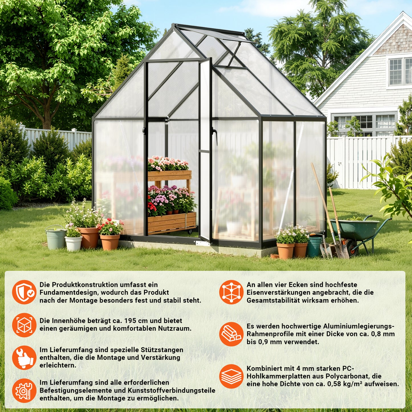 Hengda Gewächshaus Aluminium, mit Bodenrahmen & Dachfenster, 4 mm Polycarbonat-Hohlkammerplatten