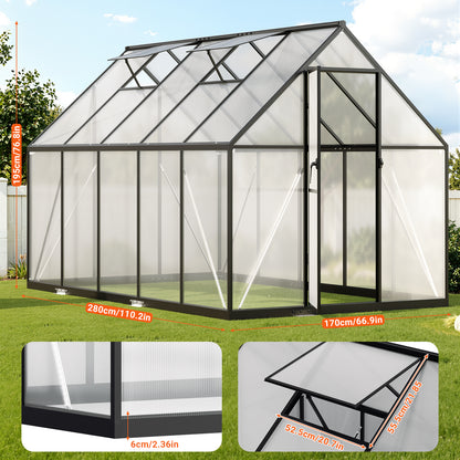 Hengda Gewächshaus Aluminium, mit Bodenrahmen & Dachfenster, 4 mm Polycarbonat-Hohlkammerplatten