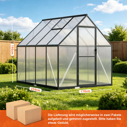 Hengda Gewächshaus Aluminium, mit Bodenrahmen & Dachfenster, 4 mm Polycarbonat-Hohlkammerplatten