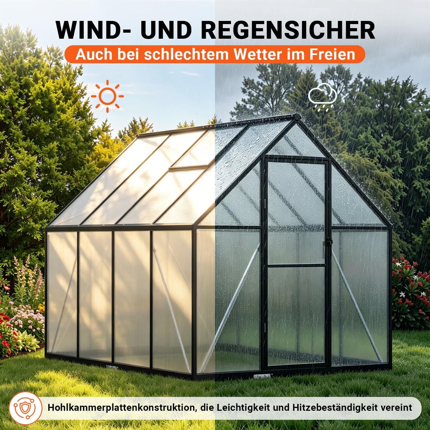 Hengda Gewächshaus Aluminium, mit Bodenrahmen & Dachfenster, 4 mm Polycarbonat-Hohlkammerplatten