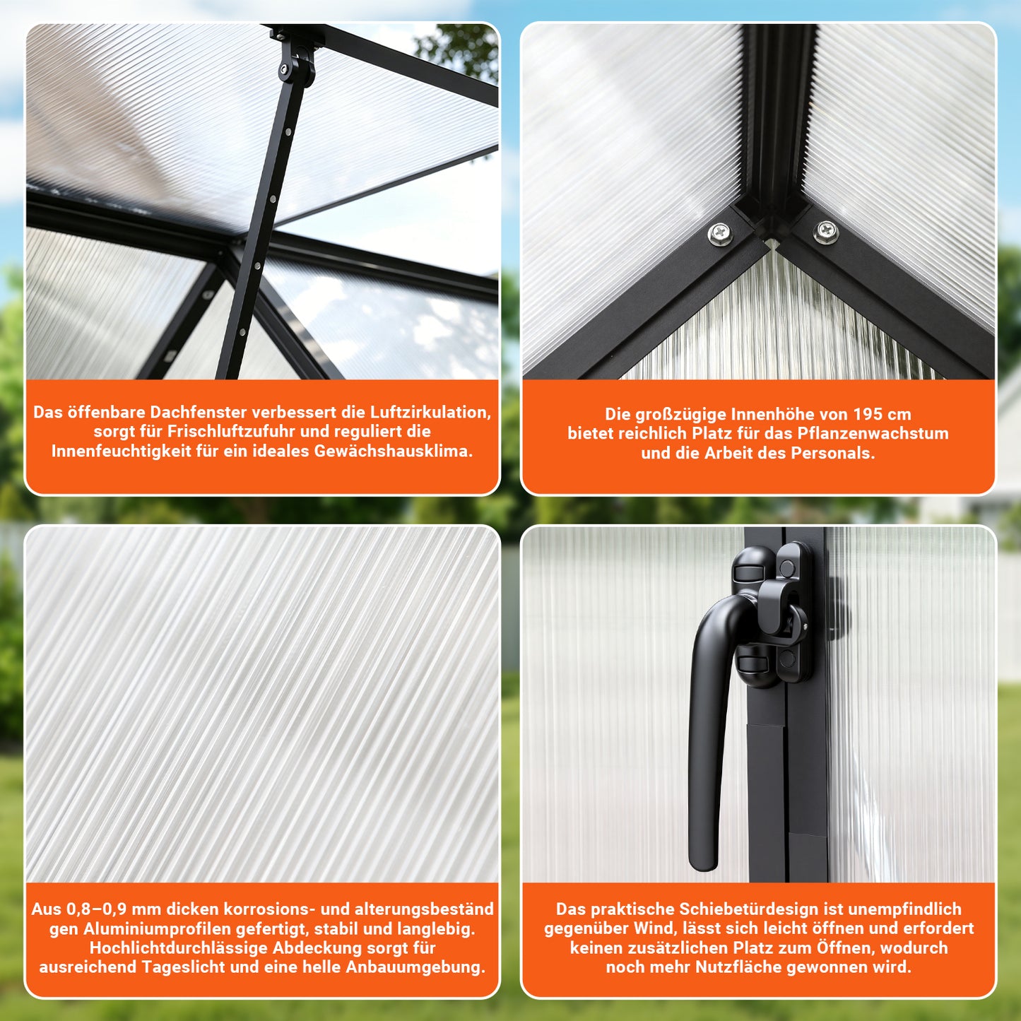 Hengda Gewächshaus Aluminium, mit Bodenrahmen & Dachfenster, 4 mm Polycarbonat-Hohlkammerplatten