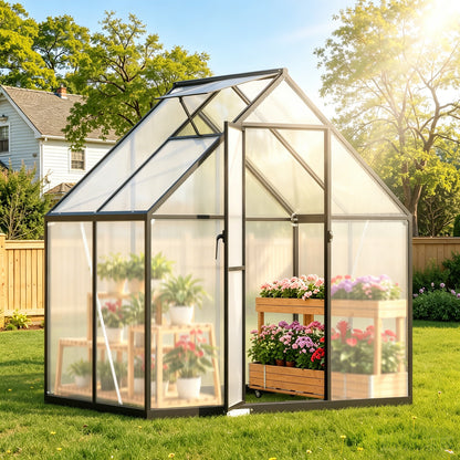 Hengda Gewächshaus Aluminium, mit Bodenrahmen & Dachfenster, 4 mm Polycarbonat-Hohlkammerplatten
