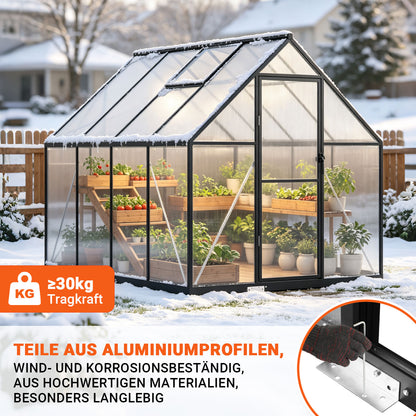 Hengda Gewächshaus Aluminium, mit Bodenrahmen & Dachfenster, 4 mm Polycarbonat-Hohlkammerplatten