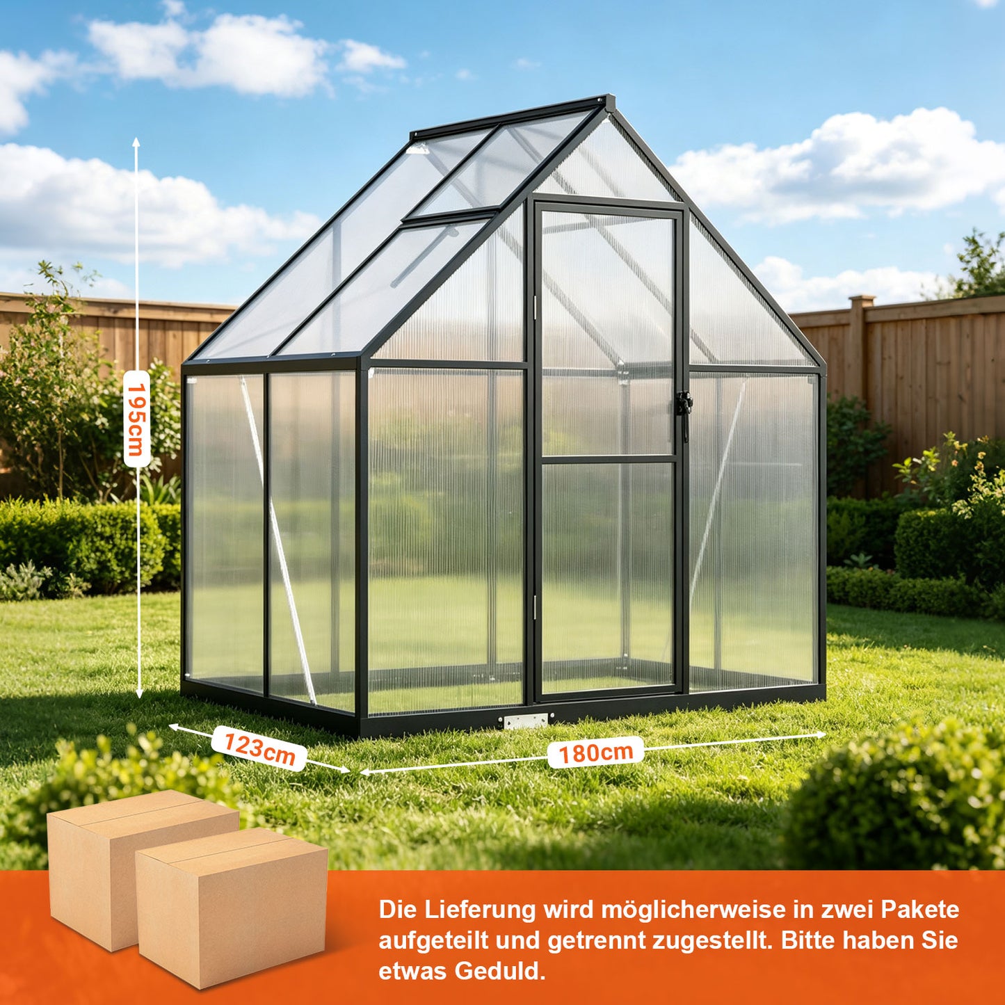 Hengda Gewächshaus Aluminium, mit Bodenrahmen & Dachfenster, 4 mm Polycarbonat-Hohlkammerplatten