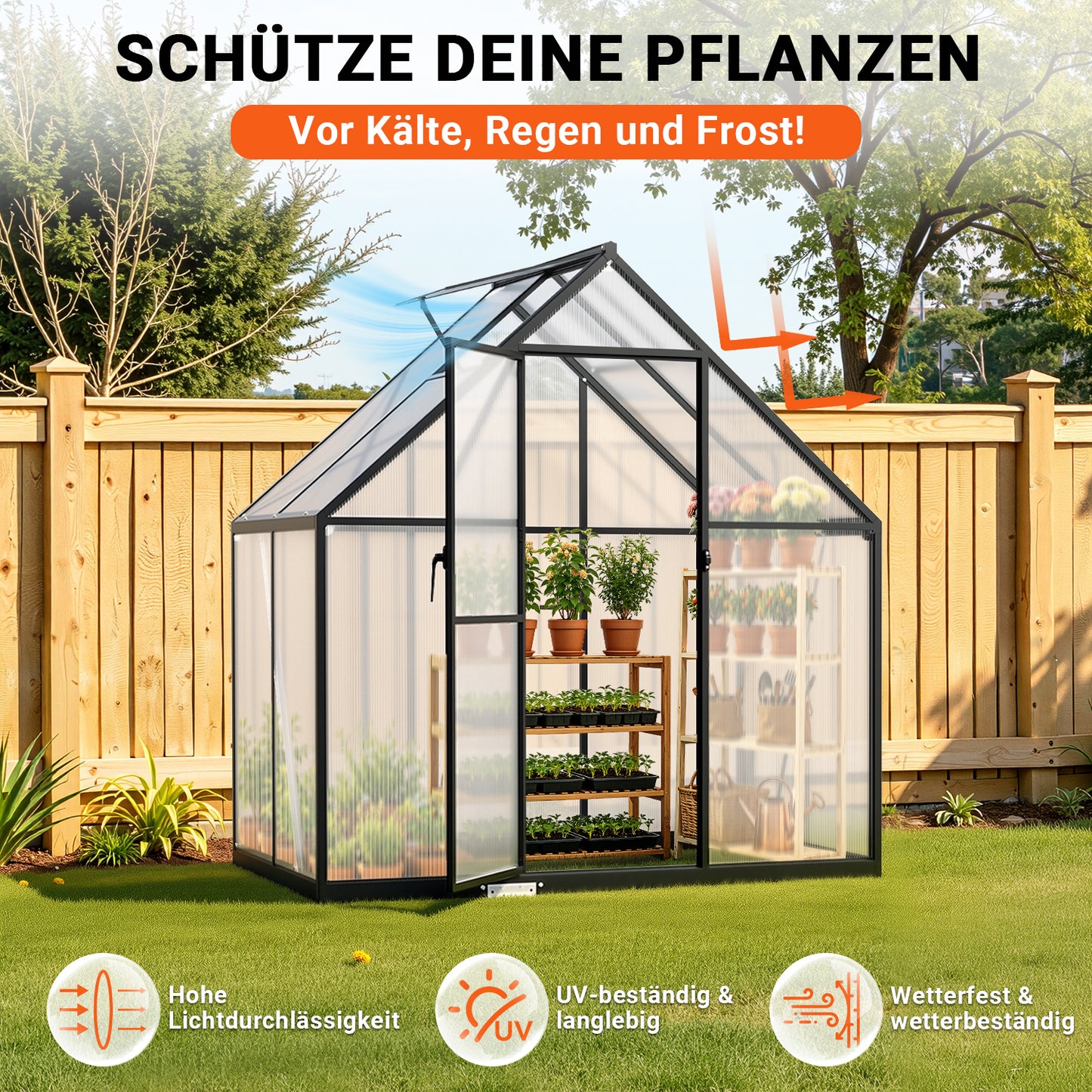 Hengda Gewächshaus Aluminium, mit Bodenrahmen & Dachfenster, 4 mm Polycarbonat-Hohlkammerplatten