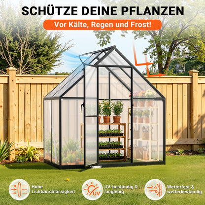 Hengda Gewächshaus Aluminium, mit Bodenrahmen & Dachfenster, 4 mm Polycarbonat-Hohlkammerplatten