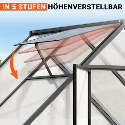 Hengda Gewächshaus Aluminium, mit Bodenrahmen & Dachfenster, 4 mm Polycarbonat-Hohlkammerplatten