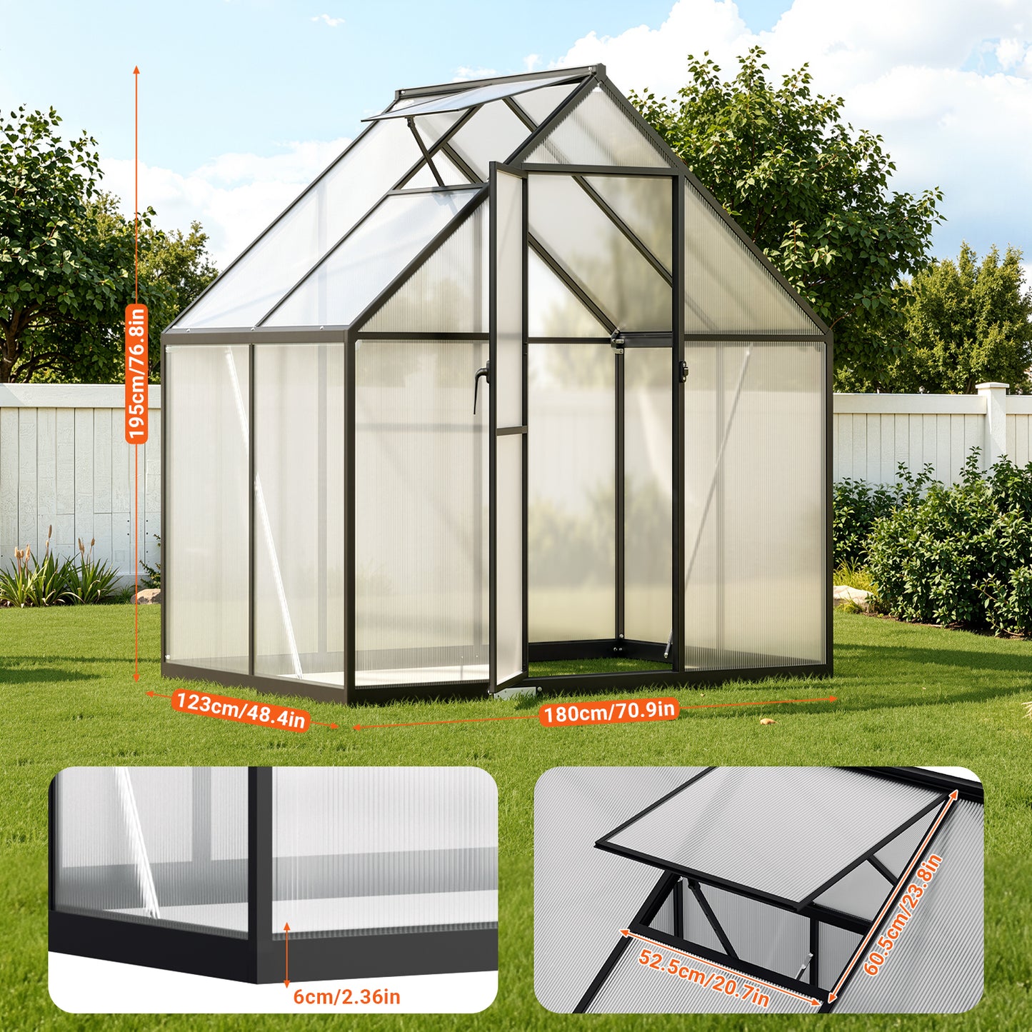 Hengda Gewächshaus Aluminium, mit Bodenrahmen & Dachfenster, 4 mm Polycarbonat-Hohlkammerplatten