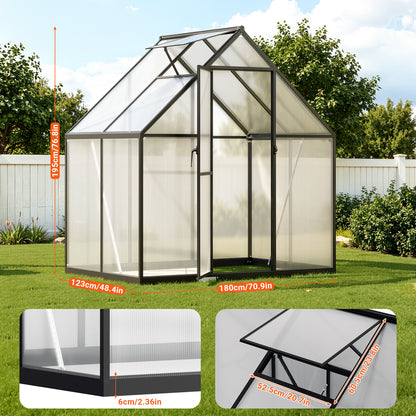 Hengda Gewächshaus Aluminium, mit Bodenrahmen & Dachfenster, 4 mm Polycarbonat-Hohlkammerplatten