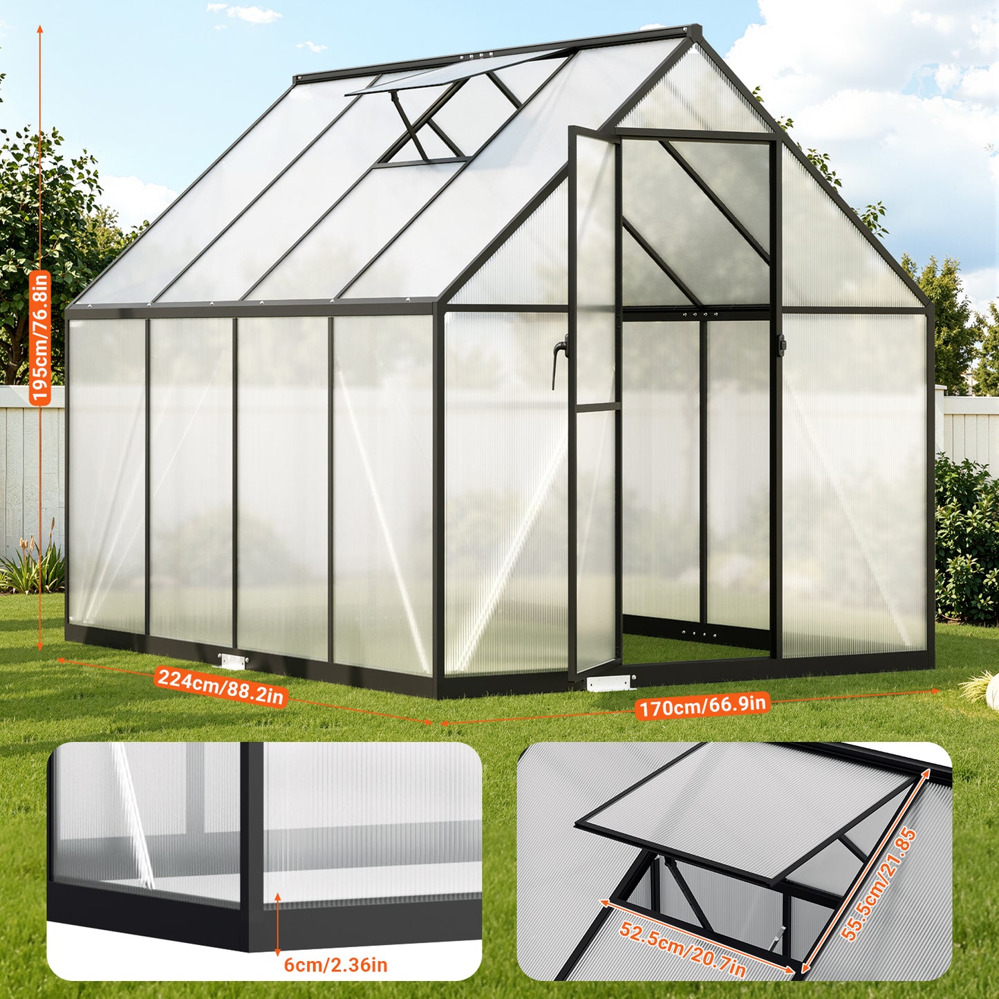 Hengda Gewächshaus Aluminium, mit Bodenrahmen & Dachfenster, 4 mm Polycarbonat-Hohlkammerplatten