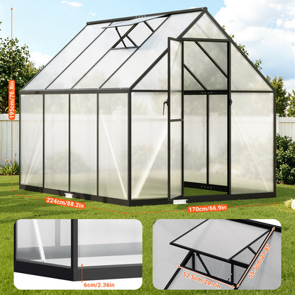Hengda Gewächshaus Aluminium, mit Bodenrahmen & Dachfenster, 4 mm Polycarbonat-Hohlkammerplatten