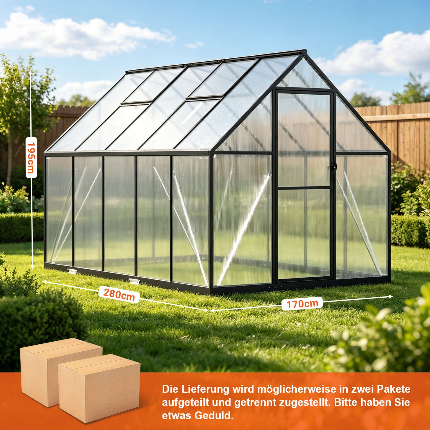 Hengda Gewächshaus Aluminium, mit Bodenrahmen & Dachfenster, 4 mm Polycarbonat-Hohlkammerplatten