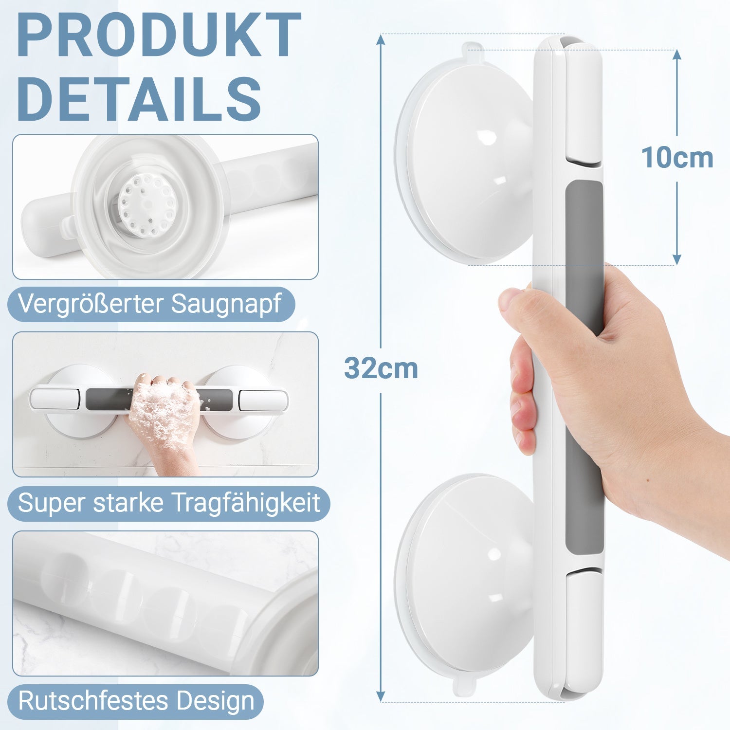 Hengda Haltegriff Dusche mit Saugnapf, MAX 110 KG, 32CM Duschgriff, Abnehmbare Badewannengriff, Sauggriff, Badgriff