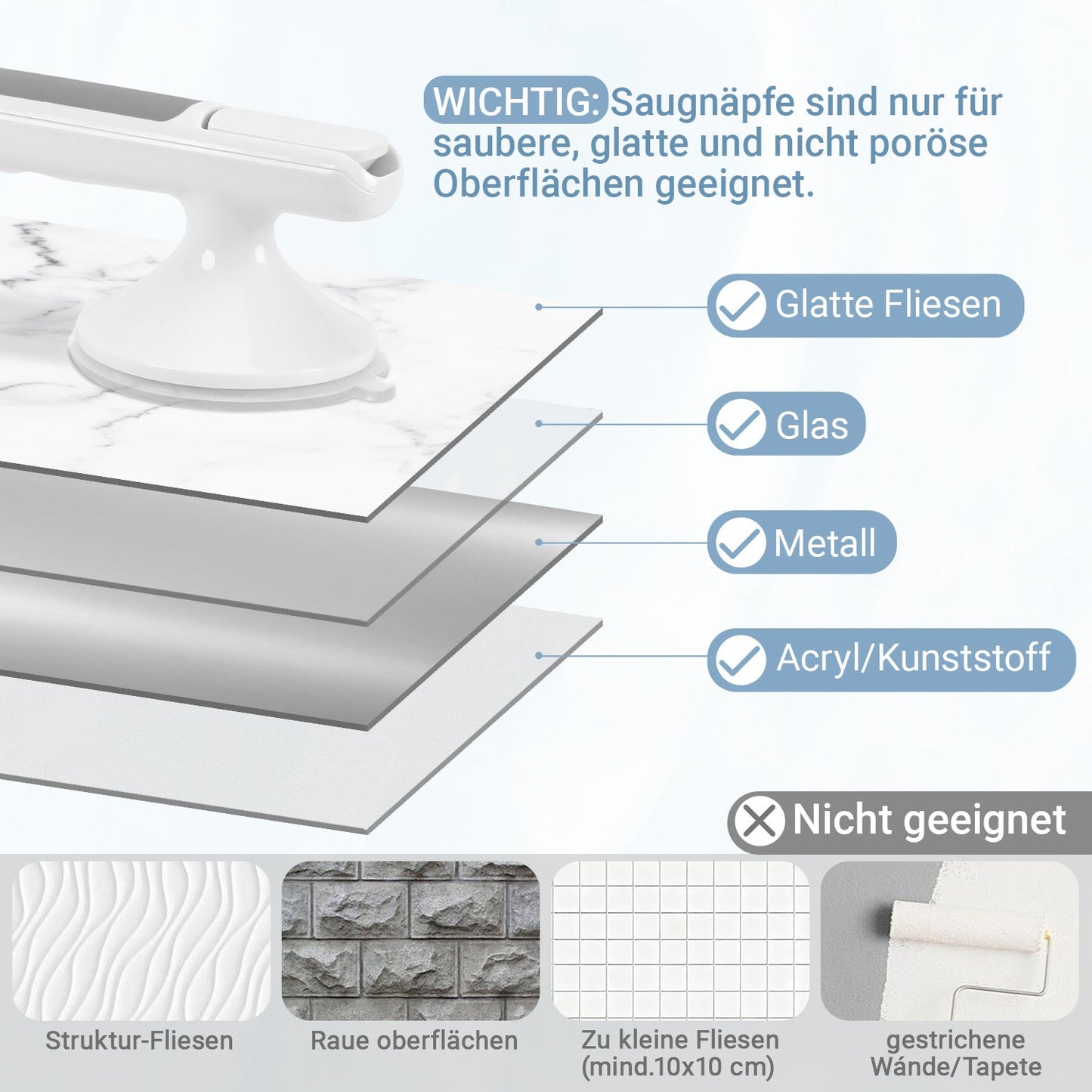 Hengda Haltegriff Dusche mit Saugnapf, MAX 110 KG, 32CM Duschgriff, Abnehmbare Badewannengriff, Sauggriff, Badgriff