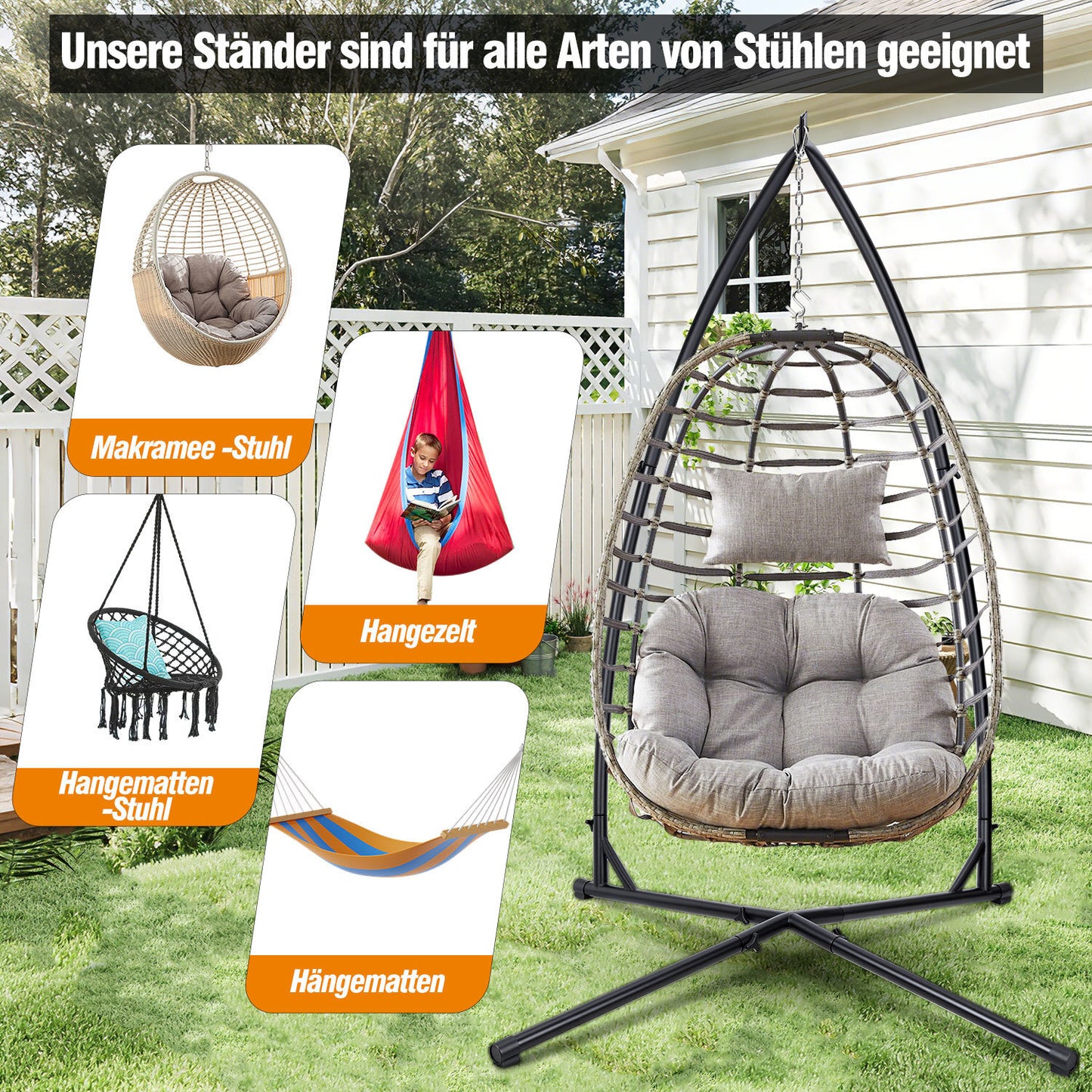 Hengda Hängesessel Gestell aus Metall, Hängestuhlgestell bis 150 kg, freistehender Hängesitzständer für Hängesessel, Indoor & Outdoor