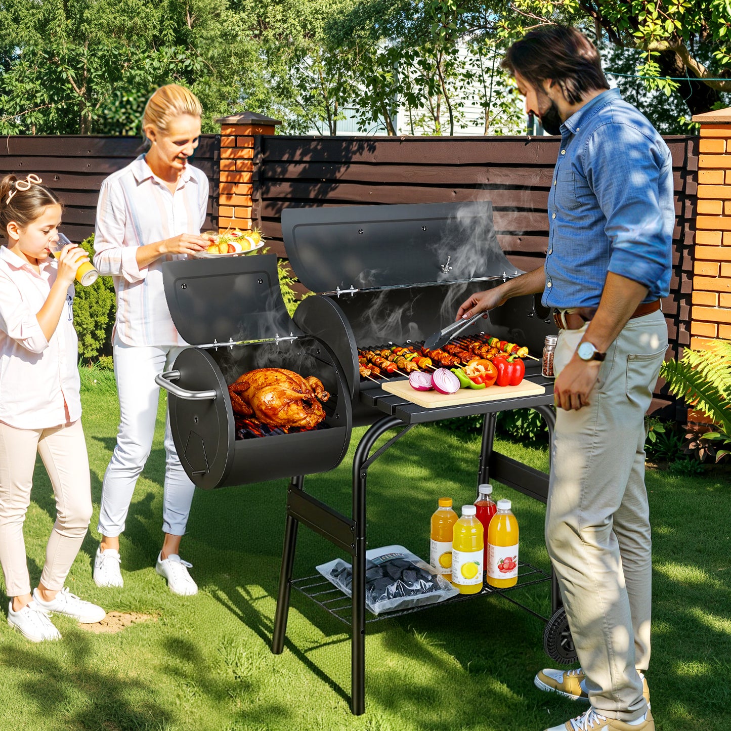Hengda Holzkohle Smoker Grill, 2-Kammern Smoker, Grillwagen mit Thermometer