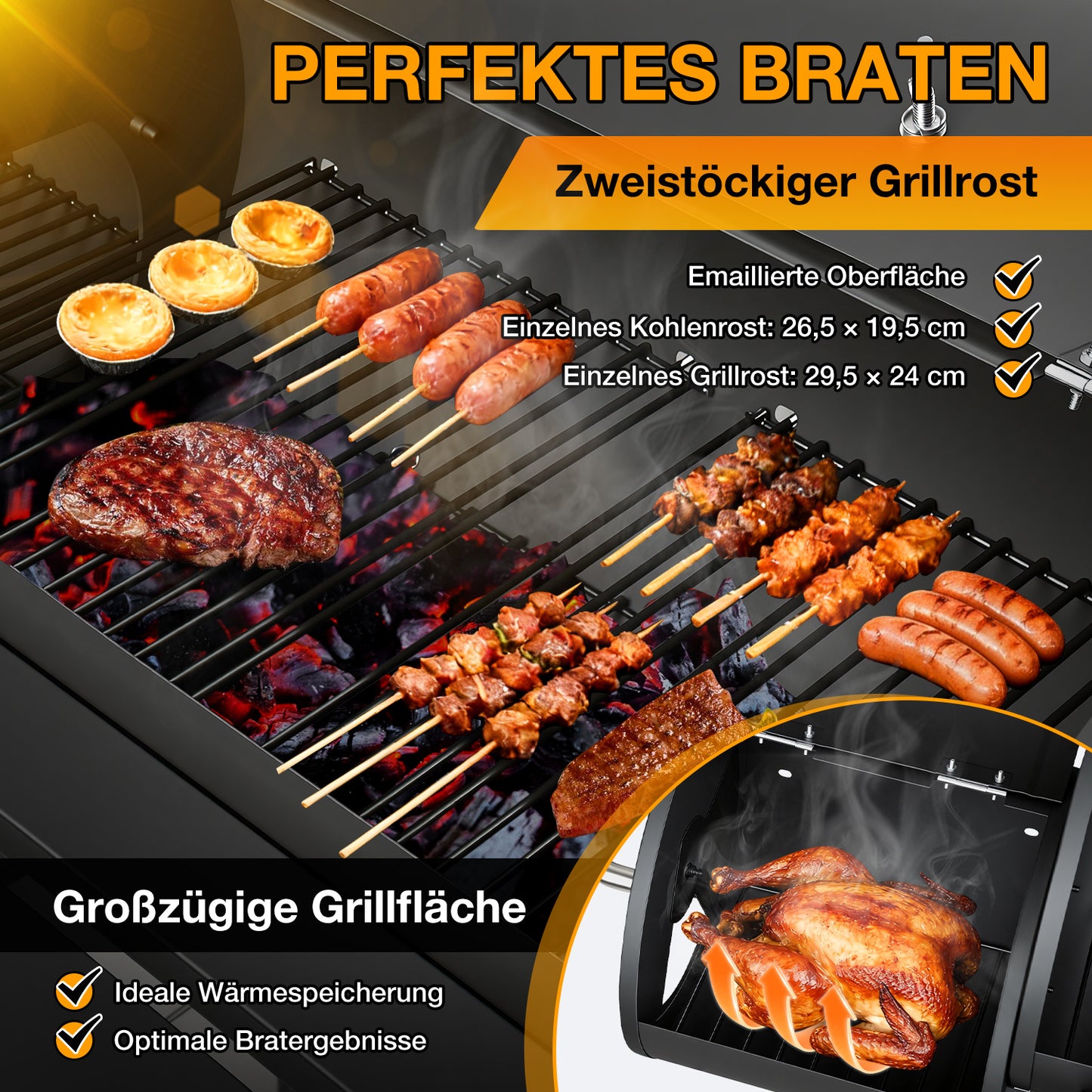 Hengda Holzkohle Smoker Grill, 2-Kammern Smoker, Grillwagen mit Thermometer