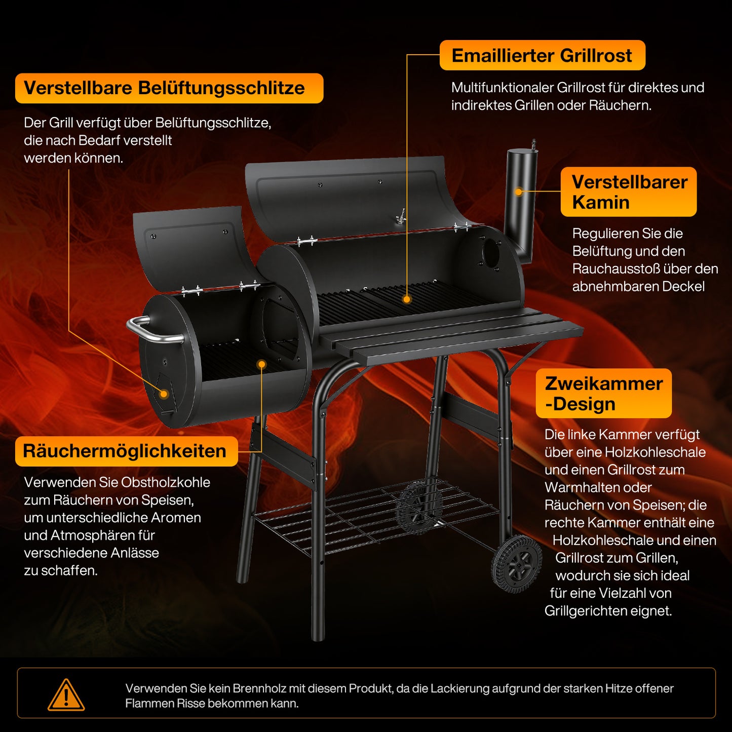 Hengda Holzkohle Smoker Grill, 2-Kammern Smoker, Grillwagen mit Thermometer