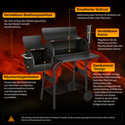 Hengda Holzkohle Smoker Grill, 2-Kammern Smoker, Grillwagen mit Thermometer