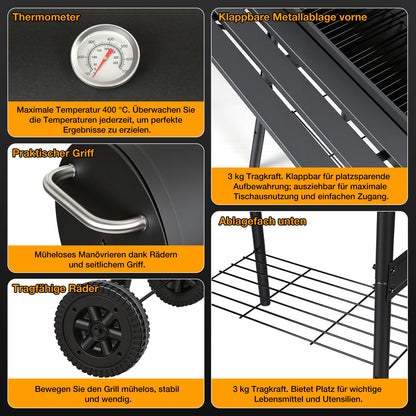 Hengda Holzkohle Smoker Grill, 2-Kammern Smoker, Grillwagen mit Thermometer