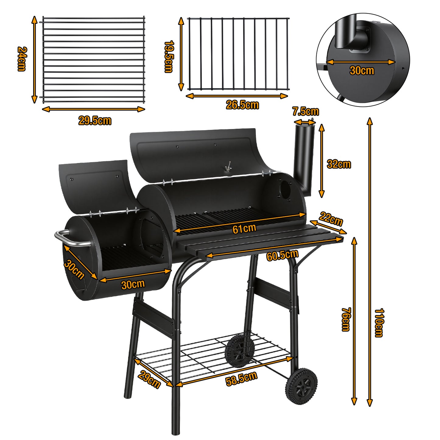 Hengda Holzkohle Smoker Grill, 2-Kammern Smoker, Grillwagen mit Thermometer