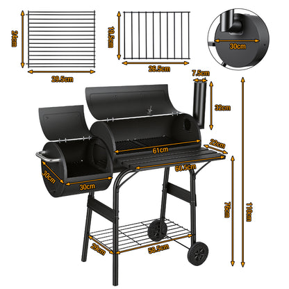 Hengda Holzkohle Smoker Grill, 2-Kammern Smoker, Grillwagen mit Thermometer