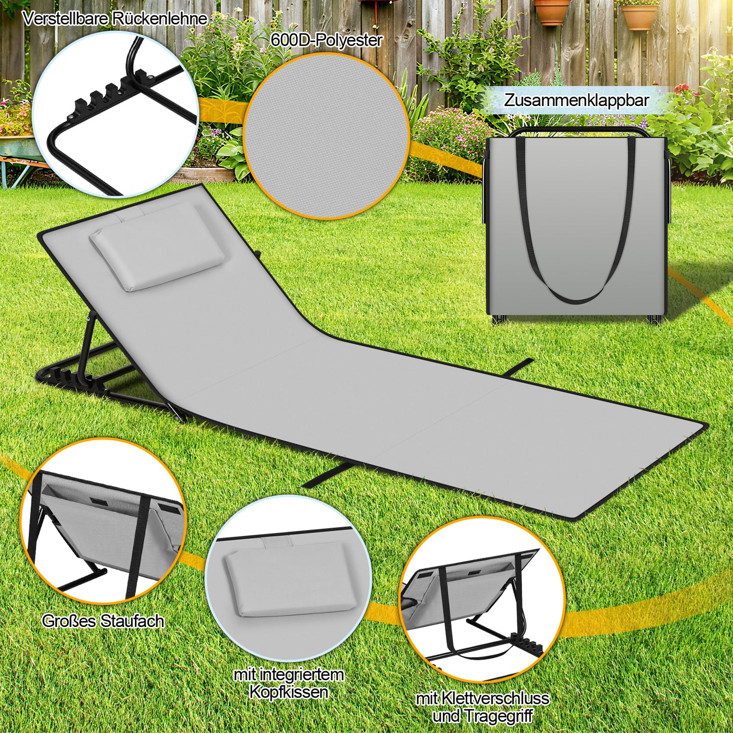Hengda Klappbare Strandliege 145 cm, Strandmatte Faltbar, mit Kissen und Tragetasche