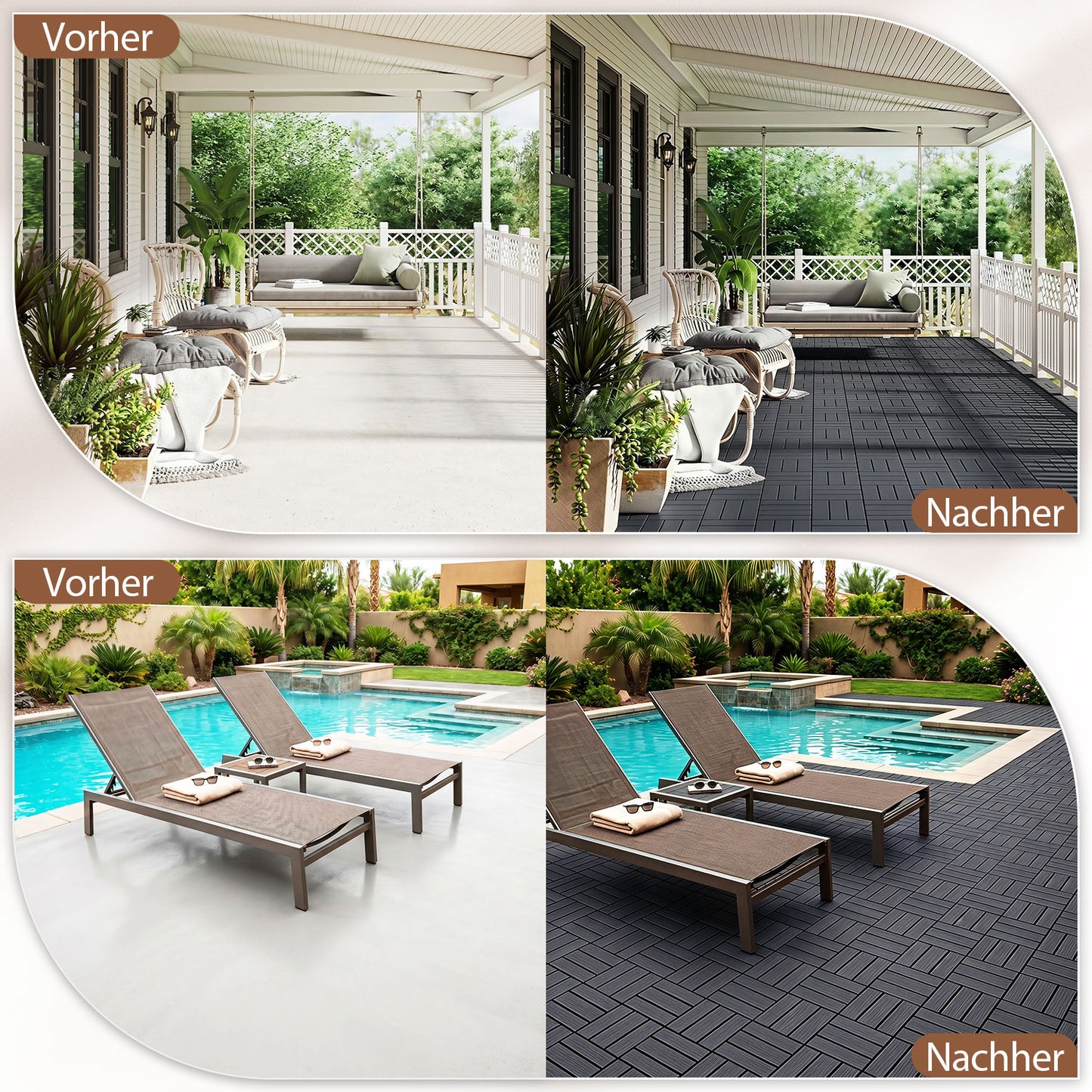 Hengda PP Terrassenfliesen Rutschfest Kunststoff-Bodenbelag 30x30cm mit Klicksystem